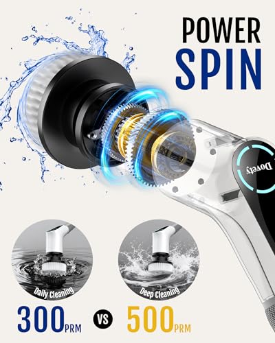 Dovety Electric Spin Scrubber, Shower Scrubber, Power Cleaner Tools with 8 Replaceable Brush Heads, Cleaning Brush with Extension Handle, 2 Adjustable Speeds, 90Mins Work Time for Home Bathtub-White