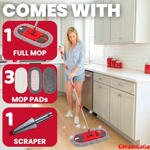 GleamGaGa Dust Mop for Floor Cleaning with 3 Washable Pads, 14.4” × 5.1” Flat Mop Head, 62” Stainless Steel Handle, Lightweight Multi-Surface Mop for Hardwood, Marble & Tile