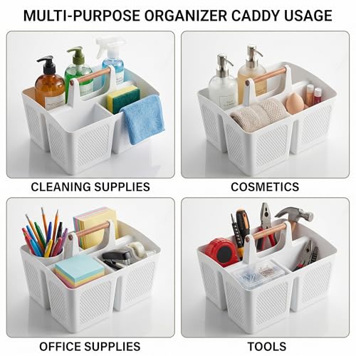Haundry Plastic White Shower Caddy Basket with 3 Compartments, Portable Divided Bathroom Cleaning Caddy Organizer Storage Tote with Handle for Dorm, College, Room Essentials