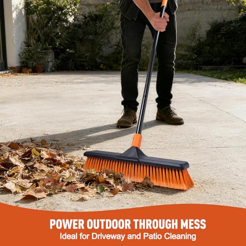 CLEANHOME 18" Push Broom Outdoor for Floor Cleaning with Extendable Long Handle, Stiff Bristle Heavy Duty Broom for Bathroom, Kitchen, Tub, Tile, Patio, Deck, Concrete, Industrial