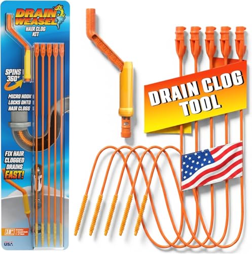 Flexisnake Drain Weasel Hair Clog Remover Kit – Plumbing Snake Auger for Cleaning Shower, Bath Tub, Bathroom Drains with Rotating Handle and 5 Disposable Wands, Made in USA
