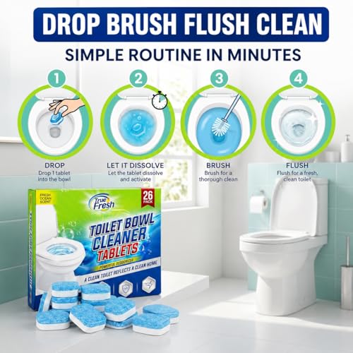 True Fresh Toilet Bowl Cleaner Tablets 26 Pack Deodorizer & Septic Safe Deep Cleaning, Odor Eliminator, Stain Remover for Long-Lasting Freshness Fresh Ocean Scent