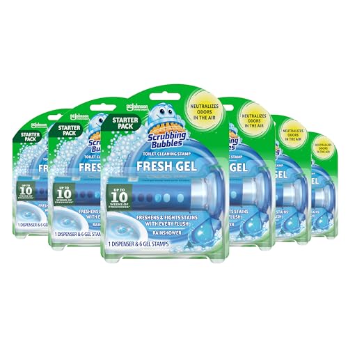 Scrubbing Bubbles Fresh Gel Toilet Bowl Cleaning Stamps, Automatic & Continuous Bathroom Toilet Cleaner Helps Prevent Limescale & Rings, Rainshower Scent, 1 Dispenser with 6 Stamps (6 Count)