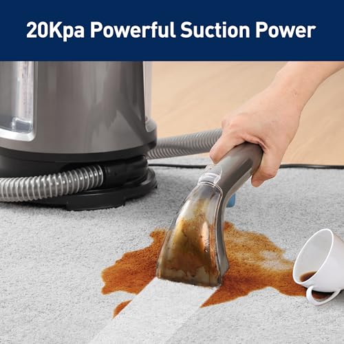 Aspiron Portable Carpet Cleaner Machine, 20KPa Upholstery Cleaner for Carpet, Couch & Car Seats, Pet Stain Spot Cleaner with Dual Tanks, 2 Brush Heads, Compact Design
