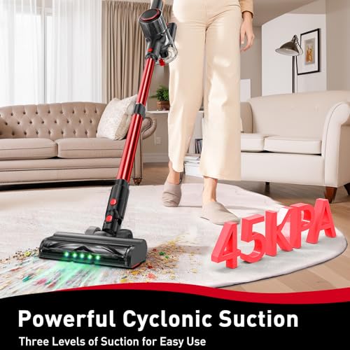 OUYFHK Cordless Vacuum Cleaner, 45KPA Stick Vacuum, 45Mins Runtime, 8-in-1 Anti-Tangle Vacuum Cleaners for Home with LED Display, Rechargeable Lightweight Vacuum for Pet Hair/Carpet/Floor