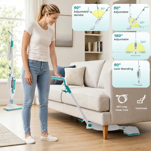 10-in-1 Steam Mop, 1550W Detachable Handheld Steam Cleaner with 350ML Tank for Floor Cleaning, 16FT Power Cable, 2 Washable Pads, Multi-Purpose Steamer for Hardwood, Carpet, Tile, Windows,Cyan