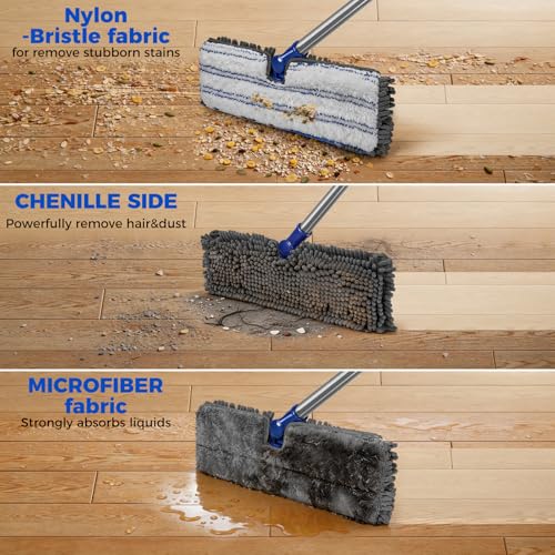 Masthome Microfiber Flat Mop, 16" Wide Floor Mop with 4 Reusable Pads & Hair Scraper, 360° Swivel Dual Sided Flip Mops, Wet Dry Dust Mop for Hardwood, Laminate, Tile, Pet Hai