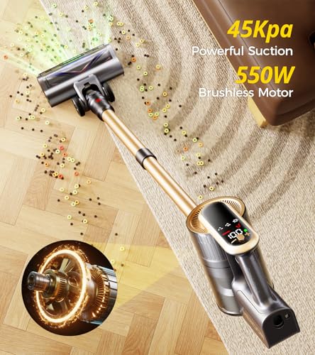 RENDOW Cordless Vacuum Cleaner, 550W 45Kpa 65Mins Vacuum Cleaners for Home, Self-Standing Cordless Stick Vacuum with LED Display,Anti-Tangle Rechargeable Wireless Vacuum for Pet Hair/Carpet/Hard Floor