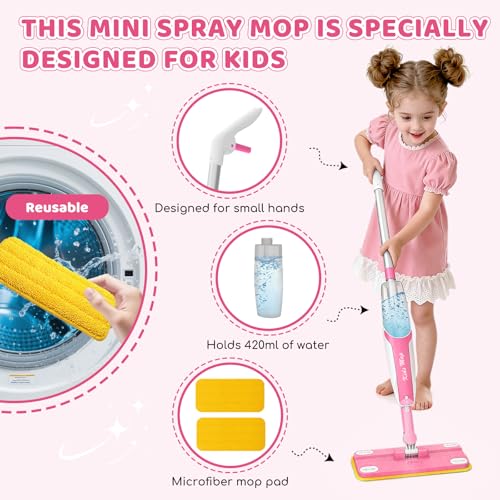 Bluocean Kids Spray Mop - 30 Inch, 420ml Large Water Tank, Effective Cleaning Tool & Fun Montessori Toy, Pretend Play Housekeeping Set Toddlers Love (Magenta)