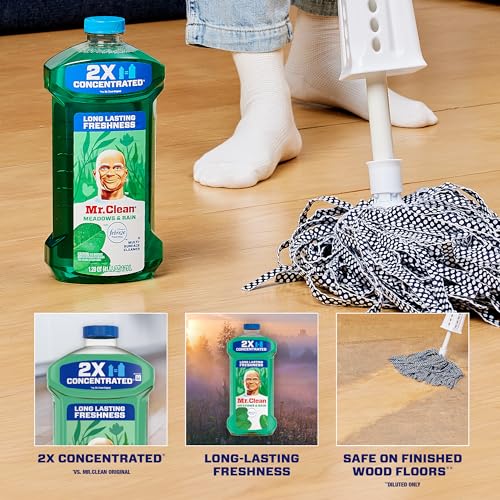 Mr. Clean All Purpose Cleaner, Floor Cleaner for Mopping Home, Bathroom, & Kitchen, Cleaning Liquid for Mop & Bucket, Cleaning Supplies, Multi-Surface Dilutable, Meadows & Rain, 41oz