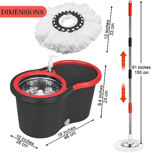 Spin Mop and Bucket with Wringer Set, 360° Spinning Mop Bucket System with 3 Microfiber Mop Replacement Heads and 61" Stainless Steel Adjustable Handle for Floor Cleaning