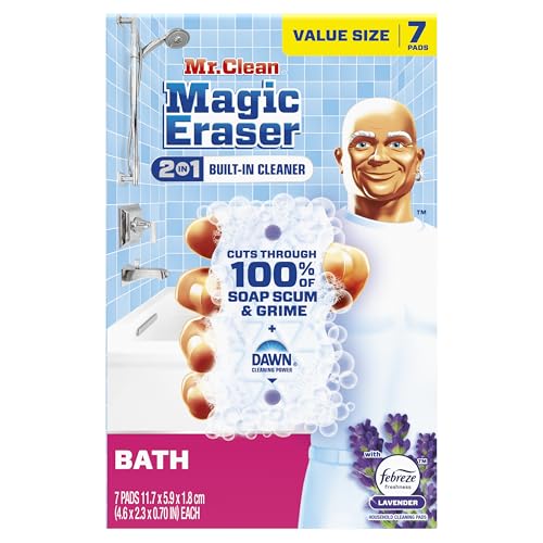 Mr. Clean Magic Eraser Sponge, Bathroom Cleaner, Shower Cleaner, Tub Cleaner, Soap Scum Remover, Bathroom Cleaning Supplies, Dawn Cleaning Power with Febreze Lavender Scent, 2 in 1 Bath, 7ct