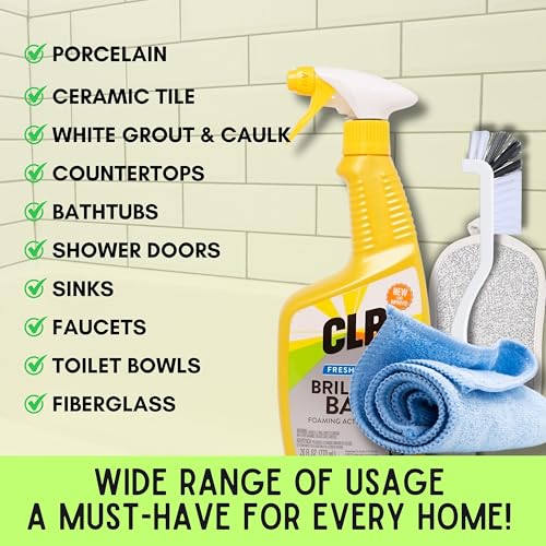 Cozy Home Luxe Bundle - 2 Pack CLR Brilliant Bath Cleaner Bundle With Microfiber Towel, Grout Brush & Scrub Sponge - 26oz CLR Bathroom Cleaner Spray For Toilet, Bath, Sink & Glass