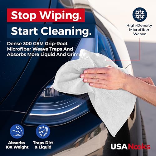 USANOOKS Microfiber Cleaning Cloth - White - 12Pcs (12.5x12.5 inch) High Performance - 1200 Washes, Ultra Absorbent Car Towel Traps Grime & Liquid for Streak-Free Mirror Shine - Car Washing Cloth