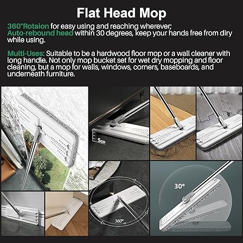 JOYMOOP Mop and Bucket Set for Home and Commercial Use, Flat Mop System with 3 Reusable Microfiber Pads, Floor and Wall Cleaner