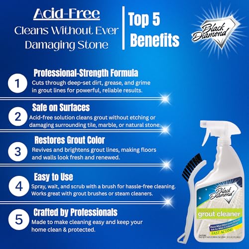 Black Diamond Ultimate Grout Cleaner: Best Cleaner for Tile,Ceramic,Porcelain, Marble Acid-Free Safe Deep Cleaner & Stain Remover for Even The Dirtiest Grout. (1-Quart/1-Brush)