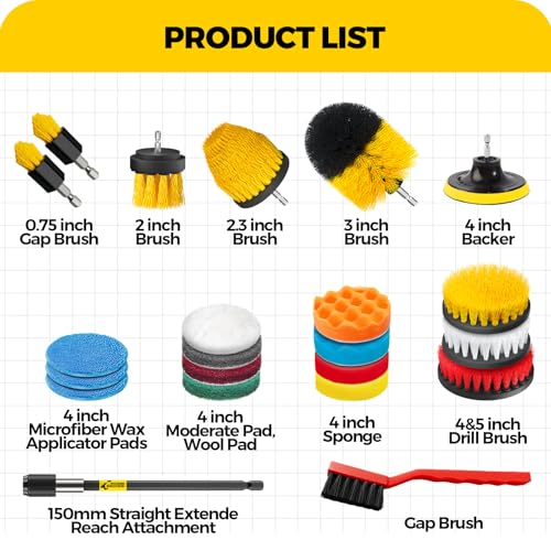 Holikme 22Pack Drill Brush Attachments Set,Scrub Pads & Sponge, Buffing Pads,Power Scrubber Brush,Car Polishing Pad Kit,Wax Applicator Pad,Car Cleaning Kit,Masonry Brushes,Cleaning Supplies