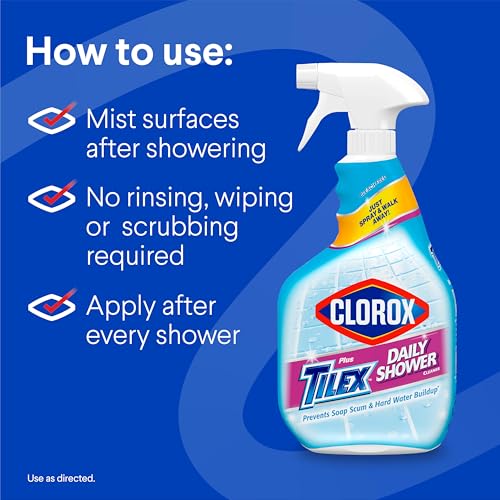 Clorox Plus Tilex Daily Shower Cleaner, Bleach-Free Bathroom Cleaner Spray, Safe for Most Tubs and Countertops, 32 fl. oz. Spray Bottle, Pack of 3