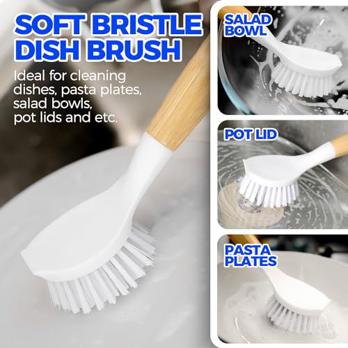 Holikme 3 Pack Dish Brush Set with Bamboo Handle, Kitchen Brushes for Cleaning Pot, Sink and Stove, Skillet Scrubber with Tough Bristles for Cast Iron Grill Pan, White Yellow Black