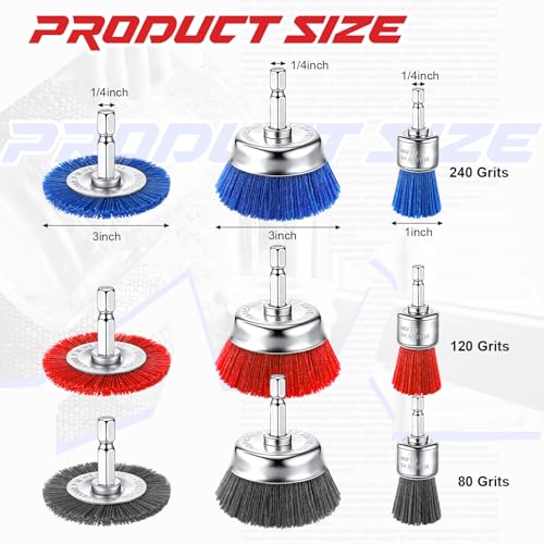 Bokon 18 Pack Nylon Filament Abrasive Wire Brush Wheel & Cup Brush Set with 1/4in Hex Shank for Cleaning Sanding Drill Scrub Brushes Attachment Remove Paint 80/120/240 Grit