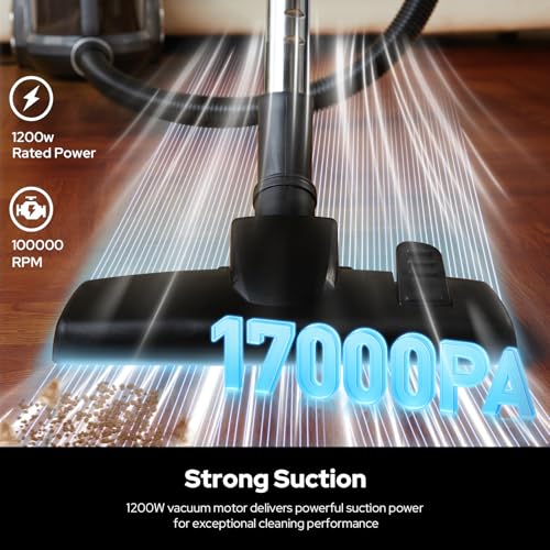 Aircliff Piwosa Canister Vacuum Cleaner, 17KPA Suction Vac for Carpets/Hard Floors, Lightweight Bagless Canister Vacuum with HEPA, 2 Motor System, and 3 Cleaning Tools (Black)