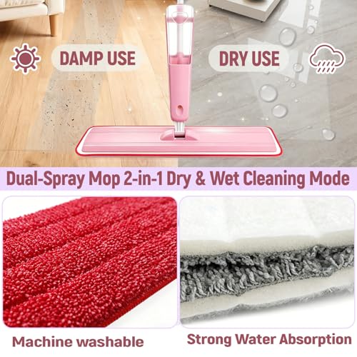 24" Dry mops for Floor Cleaning, Extra-Long Spray runtime & Light Mist Spray mop, Microfiber Wet mop w/ 28oz Tank & 2 Washable Pads, Heavy Duty Flat mop for Hardwood Tile Laminate Vinyl, Large Spaces