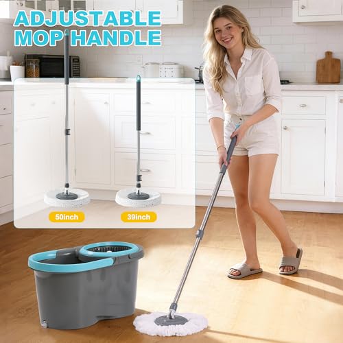 JOYMOOP Spin Mop and Bucket, 360° Mop Head & Telescopic Handle, Wet and Dry Use, 4 Reusable Microfiber Refills, Hands-Free Cleaning for Hardwood, Tile, Laminate Floors & Walls
