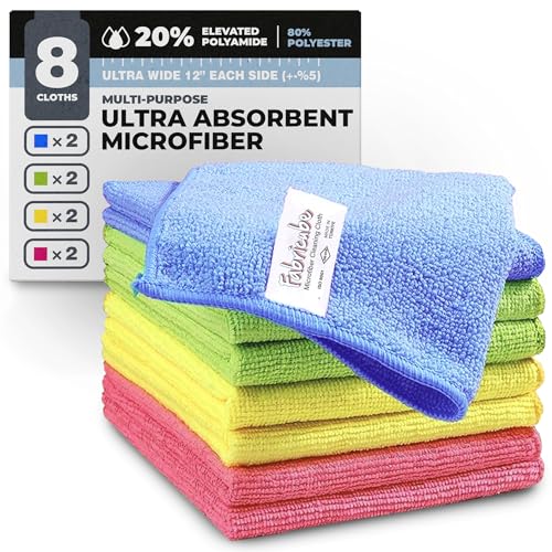 Fabricube Turkish Microfiber Cleaning Cloth of 4 Colors | 20% Polyamide for Elevated Liquid Suction | Must Have Drying Supply for Kitchen and Home Accessories | Rags with Reinforced Edges, Pack of 8