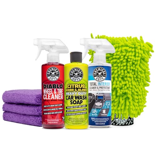 Chemical Guys Car Cleaning Kit - with Car Wash Soap, Wheel Cleaner, Total Interior, Car Wash Mitt - Interior and Exterior Wash Kit with Vehicle Cleaning and Detailing Accessories - 7 Item Kit