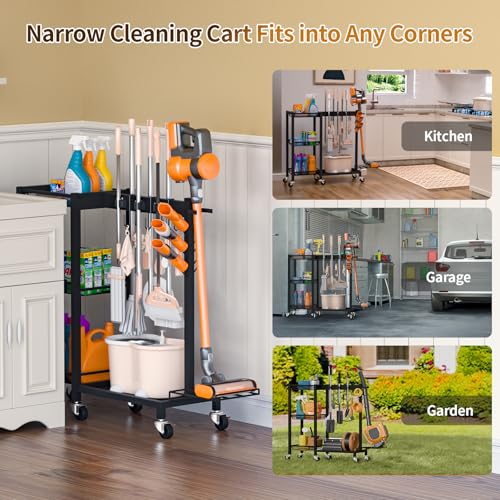 Broom Holder with Cleaning Supplies Organizer Load 350 LBS Cleaning Cart with Wheels Broom Closet Storage with 3-Tier Shelves, 6 Mop Hanger Grippers, 3 Double-Hooks, Vacuum Stand for Laundry Garage