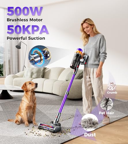 RENDOW Cordless Vacuum Cleaner, 500W 50KPA 60Mins Vacuum Cleaners for Home, Self-Standing Stick Vacuums with LED Display, Lightweight Anti-Tangle Wireless Vacuum for Pet Hair Hard Floors Carpet