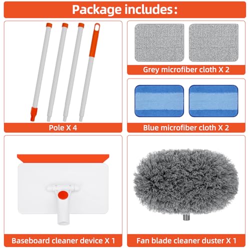 Baseboard Cleaner Tool with Handle, Extendable Long Handle Baseboard Cleaning Duster with Reusable Pads for Floorboard, Ceiling Fan Blade Cleaner Duster (Gray)