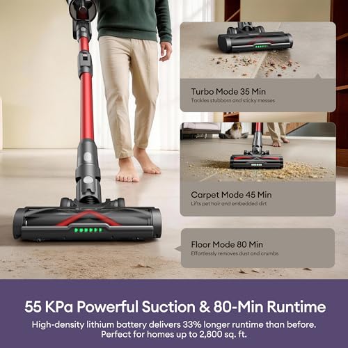 Ultenic Cordless Vacuum Cleaner, 55KPA/650W/80Mins, Cordless Stick Vacuum with 180°Bendable Wand, Touch Screen, Anti-Tangle Brush, Self-Standing, Vacuum Cleaners for Home/Floor/Pet Hair/Carpets