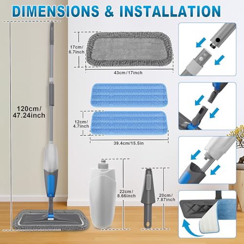 BPAWA Spray Mops for Floor Cleaning - Microfiber Wet Dry Dust Mop for Hardwood Laminate Wood Tile Vinyl Floors with 3 Washable Pads fit for Swiffer PowerMop