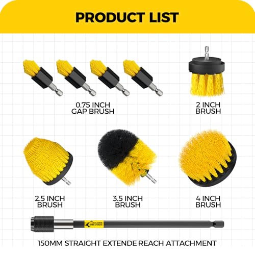 Holikme 9Pack Drill Brush ，All Purpose Drill Brush with Extend Attachment for Bathroom Surfaces, Grout, Floor, Tub, Shower, Tile, Kitchen and Car，Corner,Masonry Brushes，Yellow
