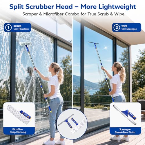 ITTAR Window Squeegee Cleaning Kit with 60 Inch Extension Pole, Glass Cleaner Tool 12" Rubber Blade & 2 Microfiber Pads, Window Washing Equipment for High Windows, Shower Doors, Car Windshield