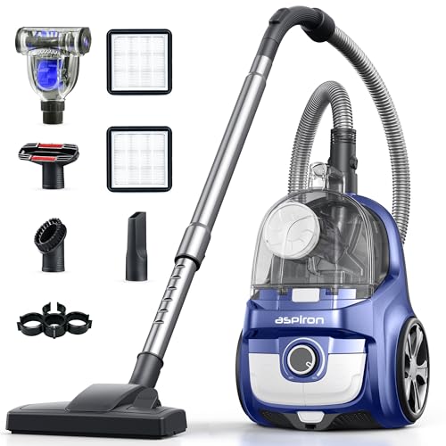 Aspiron Canister Vacuum, Upgraded 1600W Bagless Canister Vacuum Cleaner, Auto Cord Rewind, H13 HEPA Filter, 4Qt Large Capacity, 5 Tools for Hard Floors, Carpet, Pet, Upholstery, Tiles, Sapphire
