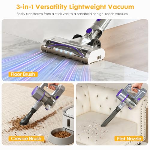 OLIXIS Cordless Vacuum Cleaner with Flexible Steering & Extendable Pole,3 Brush Heads, Lightweight Wireless Rechargeable Upright Vacuum with LED Light & Wall Mount for Hardwood Floors & Carpet