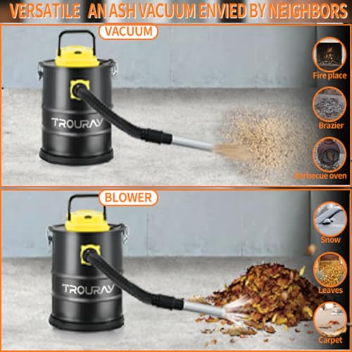 TROURAY Fireplace Ash Vacuum Cleaner, 2.6 Gallon Heat Resistant Lightweight Canister Vacuum Cleaner with 800W Powerful Suction Blowout for Fireplaces, Pellet Roasters, Woodstoves Pellet Ash Vacuums