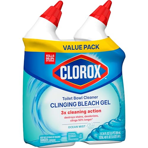 Clorox Toilet Bowl Cleaner Clinging Bleach Gel, Kills 99.9% of Bacteria and Viruses, Ocean Mist, 24 Fl Oz, Pack of 2