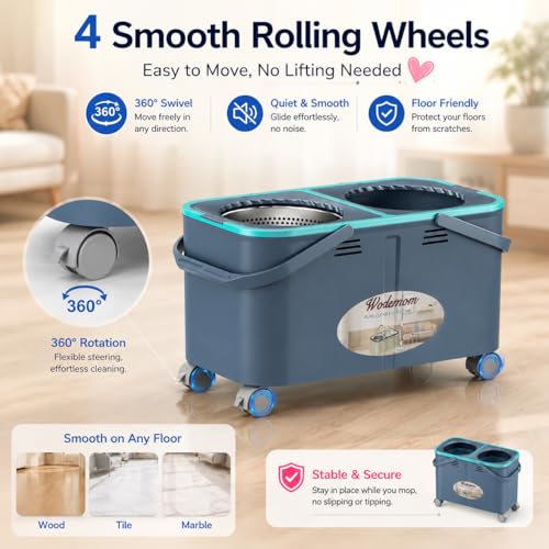 2026 Upgraded Gen 2 Spin Mop and Bucket Set with 4 Swivel Wheels for Easy Rolling, Separates Clean & Dirty Water, Floor Mop with 6 Washable Mop Heads for Wood, Tile, Vinyl, Baseboards - Grey/Blue