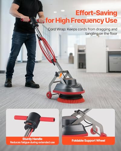 VEVOR Commercial Floor Scrubber Machine, Heavy Duty Floor Cleaner Polisher with 2 Wheels, Professional Electric Carpet Buffer, Max 1900 RPM, 43 FT Cord, 3 Pads & 3 Brushes - All Floor Surfaces