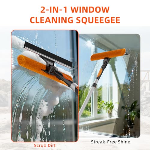 26FT High Window Cleaning Kit with Pole, 2-in-1 Window Squeegee with 5-20 FT Telescoping Extension Pole - Professional Window Washing Kit with Long Handle, Multi-Use Cleaning Tool for High Windows