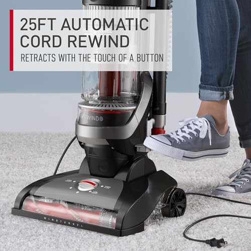 Hoover WindTunnel Cord Rewind Pro Bagless Vacuum Cleaner, Corded Upright Vacuum Cleaner for Carpet and Hard Floor, Multi-Cyclonic Filtration, 25ft Auto-Rewind Cord, 5-Height Adjustment