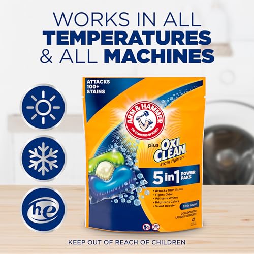 ARM & HAMMER Plus OxiClean Stain Fighters: 5-in-1 Laundry Detergent Power Paks, Laundry Stain Remover, Attacks 100 Plus Stains, Fresh Scent, 42 Count