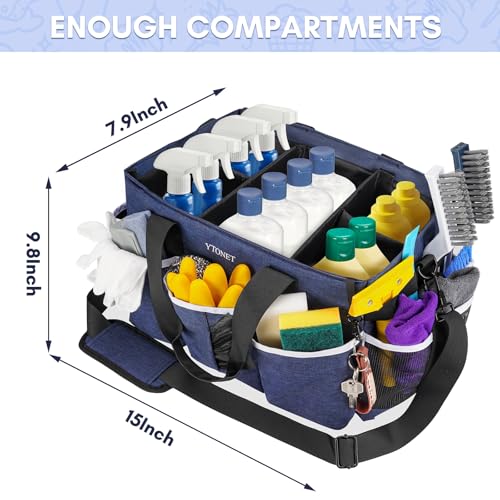 Ytonet Wearable Cleaning Caddy Bag, Large Cleaning Supplies Organizer with 4 Foldable Dividers, Kitchen Caddy Organizer with Handle & Adjustable Shoulder Straps for Cleaners & Housekeeper, Blue