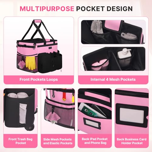 JKAOO Large Rolling Cleaning Caddy Bag with Detachable Trolley, Waterproof Cleaning Caddy on Wheels for Housekeepers, Cleaning Cart Supplies Organizer for Home,Car,Office,Picnic (Pink) (Patented)