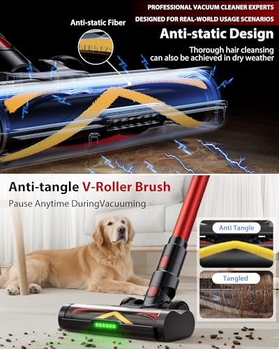 XenonLab Cordless Vacuum Cleaner, 75Mins/55KPa/650W Freestanding Vacuum Cleaners for Home, with Anti-Static&Anti-Tangle Brush, LED Touch Screen, Stick Vacuum for Carpets, Pet Hair, Hardwood Floors