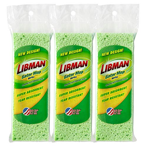 Libman 1487 Gator Mop Refill Pack – Extra-Absorbent, Cellulose Coated Sponge Replacement Heads for The Standrd 9 Inch Libman Gator Mop, 3-Pack of Mopheads