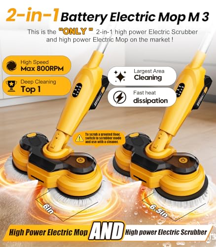 qimedo 6000mAh Battery Cordless Electric Mop M3 Pro, 800RPM Electric Power Scrubber & Mops for Floor Cleaning, Automatic Spin Mops with Smart Display,Rotating Mop with LED Light & Water Spray